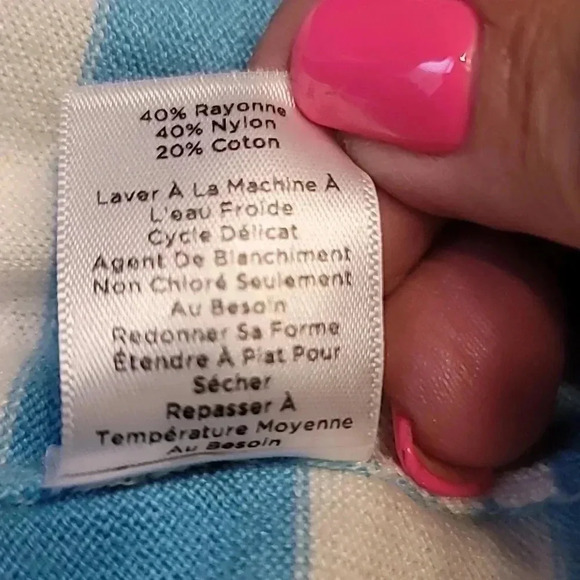 Talbott Petite Striped Sweater with button back. Coral/Blue/White - Picture 7 of 7